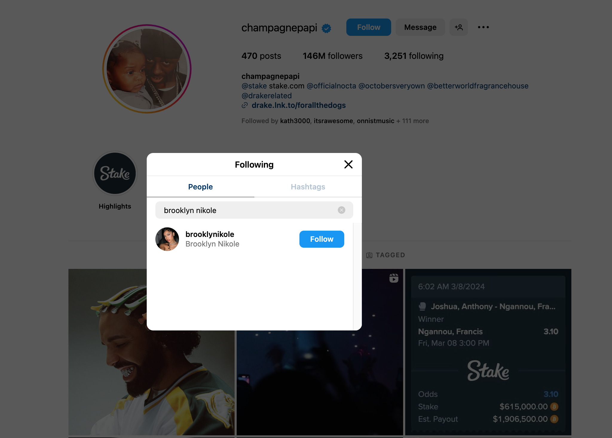 Brooklyn Nikole follows Drake on Instagram screenshot 03092024