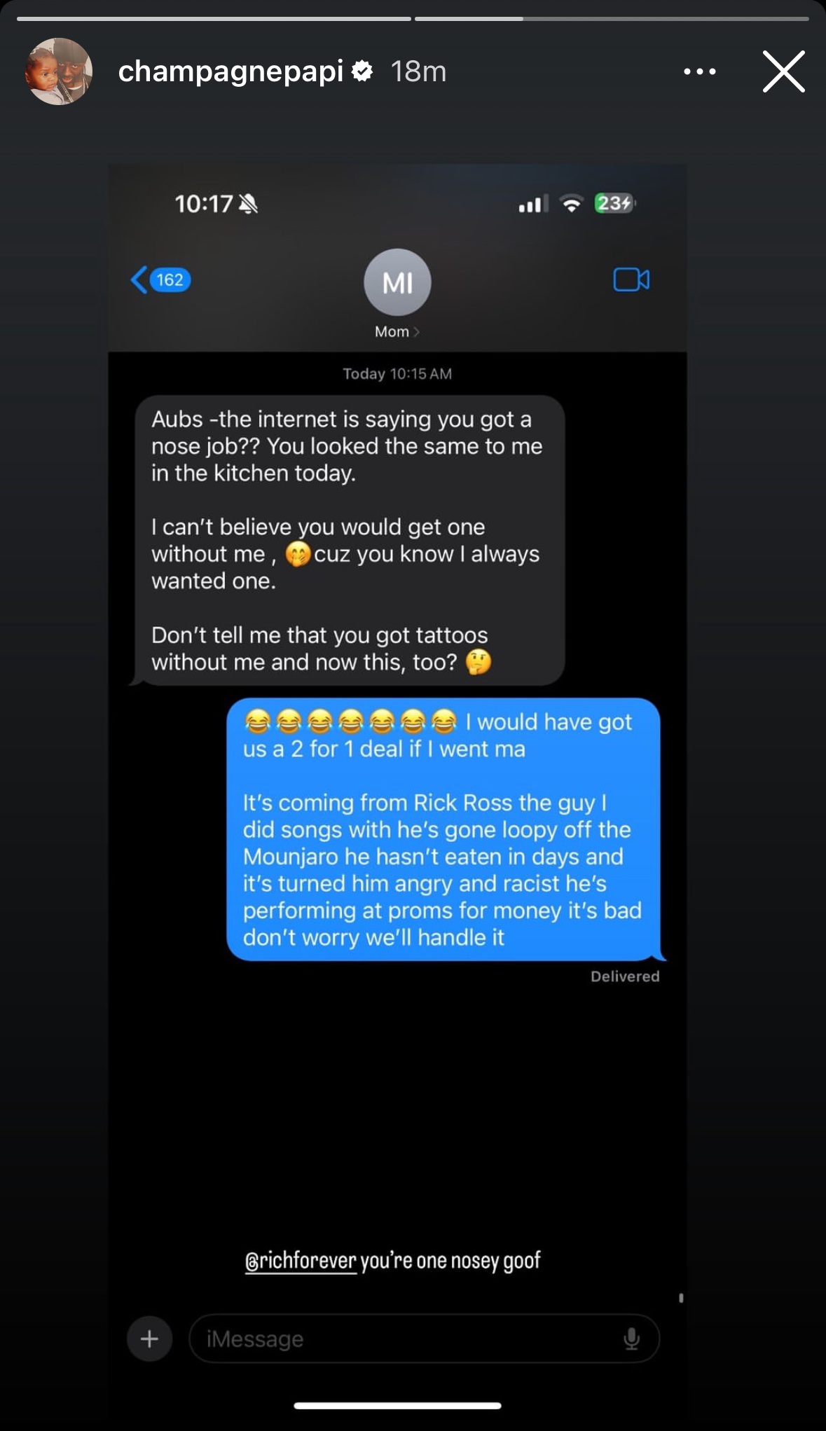 Drake Mom Text Exchange Rick Ross Instagram