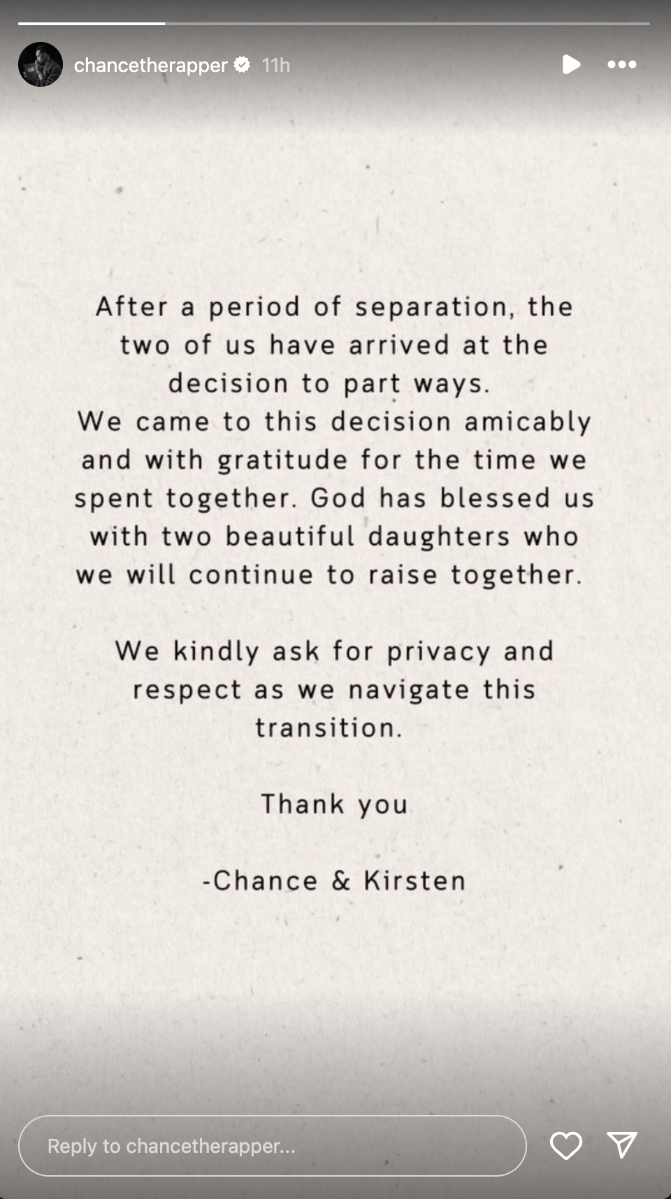 Chance The Rapper divorce statement