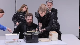 Post Malone Is Joyfully Blown Away By A Typewriter In Taylor Swift’s New Behind-The-Scenes Look At The ‘Fortnight’ Video