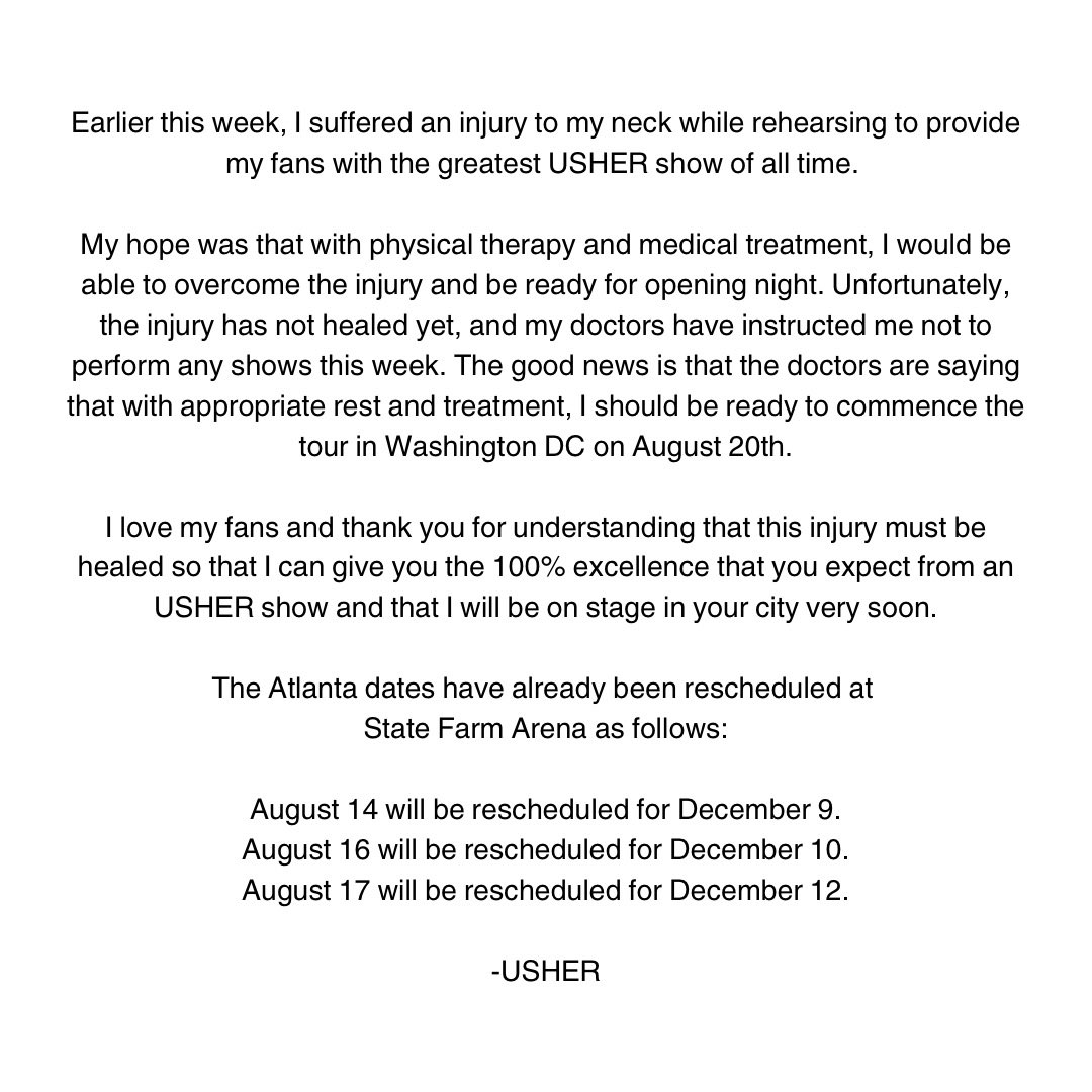 Usher Reschedules 'Past Present Future Tour' Due To Injury